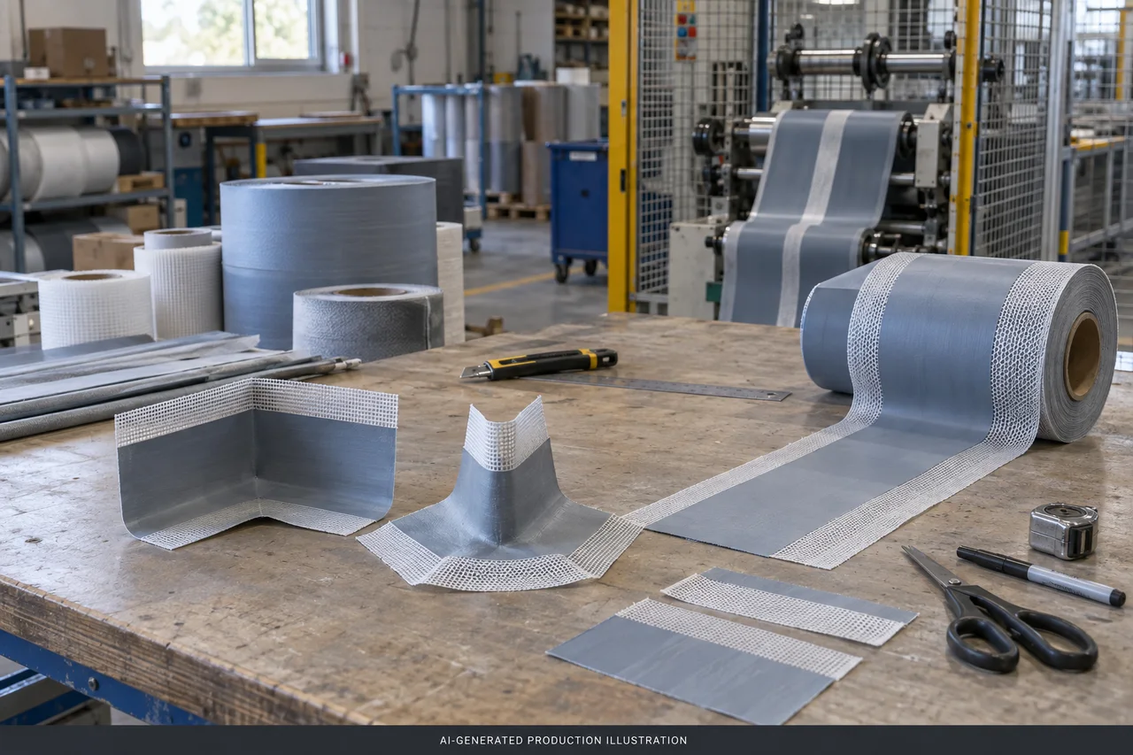 AI-generated illustration of waterproofing tape material review, not an actual factory photograph
