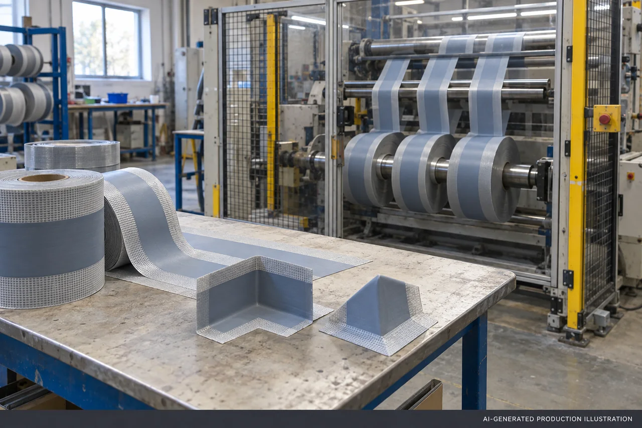 AI-generated illustration of waterproofing tape process planning, not an actual factory photograph