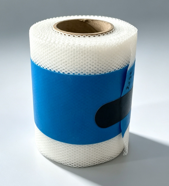 Blue TPE waterproofing tape roll with white textile mesh edges